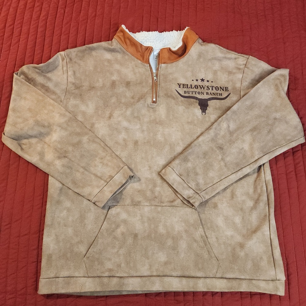 Yellowstone Dutton Ranch Faux Suede Sherpa Lined Quarter Zip Pullover Brown 2XL